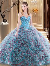 Fancy Multi-color Fabric With Rolling Flowers Lace Up Sweetheart Sleeveless With Train Sweet 16 Dress Brush Train Embroidery and Ruffles