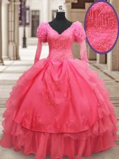 Decent Ruffled Ball Gowns Ball Gown Prom Dress Pink V-neck Organza Half Sleeves Floor Length Zipper