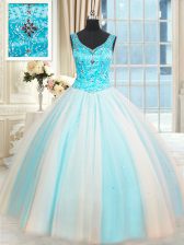  Tulle Sleeveless Lace Up Beading Quinceanera Dresses in White and Blue