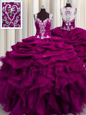  See Through Back Fuchsia Straps Zipper Beading and Ruffles and Sequins Sweet 16 Quinceanera Dress Sleeveless