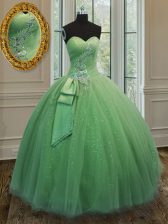  Floor Length Lace Up Quinceanera Gown Yellow Green for Military Ball and Sweet 16 and Quinceanera with Beading and Ruching and Bowknot