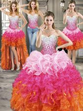 Hot Selling Four Piece Beading Quinceanera Dresses Multi-color Lace Up Sleeveless Floor Length