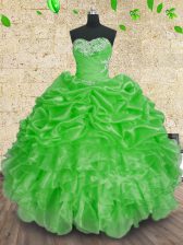 Cute Sleeveless Floor Length Beading and Appliques and Ruffles and Ruching Lace Up Sweet 16 Dresses with Green