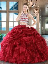 Modern Scoop Floor Length Backless Sweet 16 Dress Wine Red for Military Ball and Sweet 16 and Quinceanera with Beading and Ruffles and Pick Ups