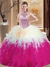  Halter Top Sleeveless Lace Up Floor Length Beading and Ruffles Sweet 16 Dresses