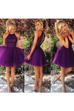 Custom Design A-line Prom Party Dress Purple High-neck Organza Sleeveless Knee Length Backless