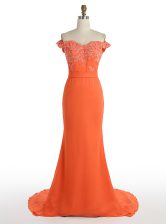 Cute Orange Mermaid Off The Shoulder Sleeveless Satin With Train Sweep Train Zipper Lace Dress for Prom