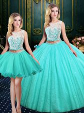 Noble Three Piece Scoop Blue Sleeveless Lace and Sequins Floor Length Quince Ball Gowns