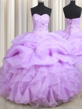 Amazing Visible Boning Sweetheart Sleeveless Organza Ball Gown Prom Dress Beading and Ruffles and Pick Ups Lace Up