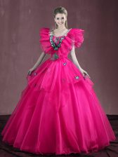 Extravagant Floor Length Lace Up Quinceanera Gown Hot Pink for Military Ball and Sweet 16 and Quinceanera with Appliques and Ruffles