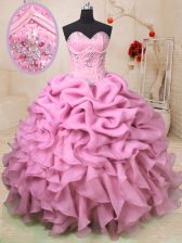 Superior Floor Length Baby Pink Ball Gown Prom Dress Organza Sleeveless Beading and Ruffles and Pick Ups