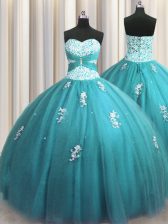  Halter Top Sleeveless Tulle Floor Length Lace Up Vestidos de Quinceanera in Teal with Beading and Appliques