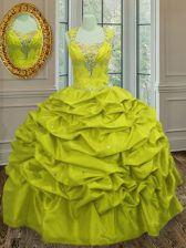 Admirable Straps Beading and Pick Ups 15th Birthday Dress Yellow Green Lace Up Sleeveless Floor Length