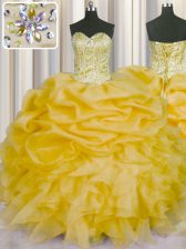 Pretty Pick Ups Gold Sleeveless Organza Lace Up Sweet 16 Dress for Military Ball and Sweet 16 and Quinceanera