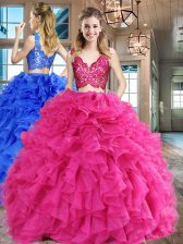 Admirable Floor Length Hot Pink Ball Gown Prom Dress Organza Sleeveless Lace and Ruffles