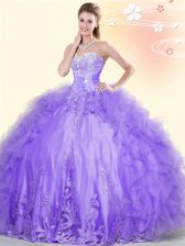 Stylish Beading and Appliques and Ruffles 15 Quinceanera Dress Lavender Lace Up Sleeveless Floor Length