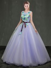 Unique Lavender Ball Gowns Scoop Sleeveless Organza Floor Length Lace Up Appliques Quinceanera Dress