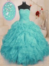 Cute Strapless Sleeveless Organza Sweet 16 Quinceanera Dress Beading and Ruffles Lace Up