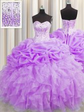 Beauteous Visible Boning Lavender Sweetheart Neckline Beading and Ruffles and Pick Ups Ball Gown Prom Dress Sleeveless Lace Up