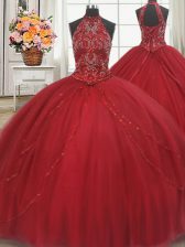  Halter Top Red Lace Up Quinceanera Dress Beading and Appliques Sleeveless Court Train