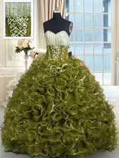 Artistic Sleeveless With Train Beading and Ruffles Lace Up Quinceanera Gown with Olive Green Brush Train