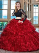 Decent Black and Red Backless Scoop Ruffles Quinceanera Gown Organza Long Sleeves