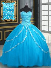 Beautiful With Train Ball Gowns Sleeveless Baby Blue Quince Ball Gowns Brush Train Lace Up
