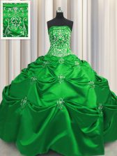 Trendy Sleeveless Floor Length Beading and Appliques and Embroidery Lace Up 15th Birthday Dress with Green