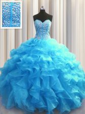 Fantastic Visible Boning Baby Blue Organza Lace Up Ball Gown Prom Dress Sleeveless Floor Length Beading and Ruffles