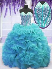 New Style Aqua Blue Ball Gowns Beading and Ruffles Ball Gown Prom Dress Lace Up Organza Sleeveless