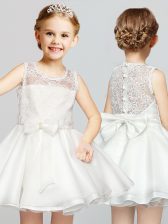 Gorgeous Scoop White Clasp Handle Flower Girl Dresses Lace and Bowknot Sleeveless Mini Length