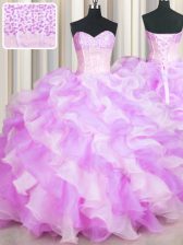 Modern Visible Boning Two Tone Multi-color Lace Up Quinceanera Gown Beading and Ruffles Sleeveless Floor Length