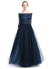 Attractive Navy Blue Tulle Zipper Off The Shoulder 3 4 Length Sleeve Floor Length Homecoming Dress Beading and Appliques