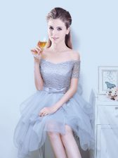  Off the Shoulder Short Sleeves Organza Asymmetrical Lace Up Damas Dress in Grey with Lace and Ruffles and Bowknot