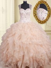  Straps Cap Sleeves Floor Length Zipper Quinceanera Gowns Pink for Military Ball and Sweet 16 and Quinceanera with Beading and Ruffles