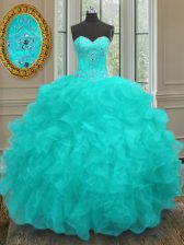 Hot Sale Aqua Blue Lace Up Sweetheart Beading and Embroidery and Ruffles Quince Ball Gowns Organza Sleeveless