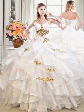 Top Selling White Ball Gowns Sweetheart Sleeveless Organza Floor Length Lace Up Beading and Ruffles Quinceanera Gown