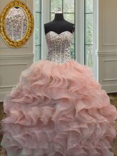 Luxury Peach Ball Gowns Organza Sweetheart Sleeveless Beading and Ruffles Floor Length Lace Up Vestidos de Quinceanera