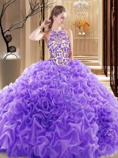 Glamorous Lavender Organza Backless High-neck Sleeveless Sweet 16 Dresses Brush Train Embroidery and Ruffles