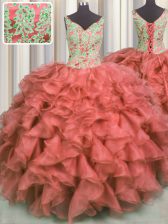  V-neck Sleeveless Organza 15th Birthday Dress Beading and Ruffles Lace Up