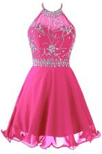 Customized Hot Pink A-line Organza Halter Top Sleeveless Beading Mini Length Zipper Prom Dress