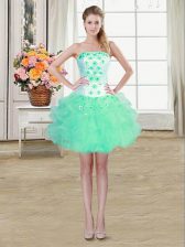  Strapless Sleeveless Organza Prom Dresses Beading and Appliques and Ruffles Lace Up