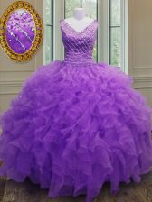 Pretty Organza V-neck Sleeveless Zipper Beading and Ruffles Sweet 16 Dresses in Purple