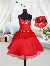Exceptional One Shoulder Sleeveless Organza Mini Length Lace Up Toddler Flower Girl Dress in Red with Sequins and Hand Made Flower
