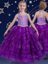  Halter Top Sleeveless Organza Pageant Gowns For Girls Beading and Ruffled Layers Zipper