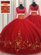Lovely Square Red Long Sleeves Floor Length Beading and Embroidery Zipper 15th Birthday Dress