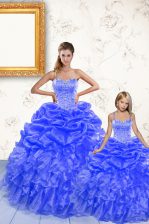 Classical Royal Blue Spaghetti Straps Lace Up Beading and Ruffles and Pick Ups 15 Quinceanera Dress Sleeveless