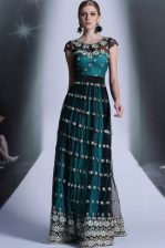  Scoop Teal Organza Side Zipper Prom Evening Gown Cap Sleeves Floor Length Appliques and Pleated