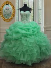  Apple Green Ball Gowns Organza Strapless Sleeveless Beading and Ruffles and Pick Ups Floor Length Lace Up 15 Quinceanera Dress