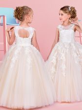 Scoop Sleeveless Lace Up Floor Length Beading and Appliques Flower Girl Dress